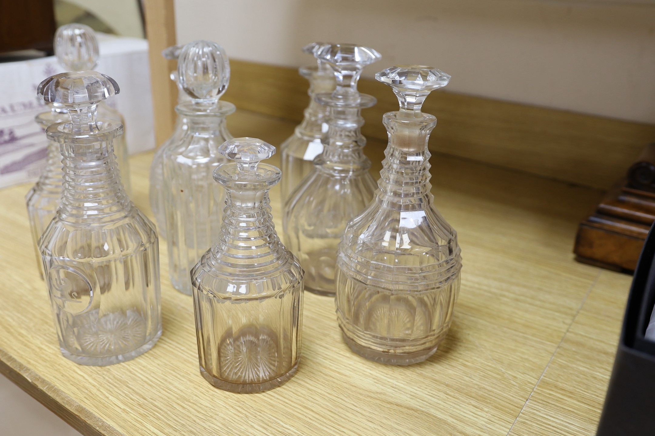 Three pairs of 19th century cut glass decanters and 3 single cut glass decanters